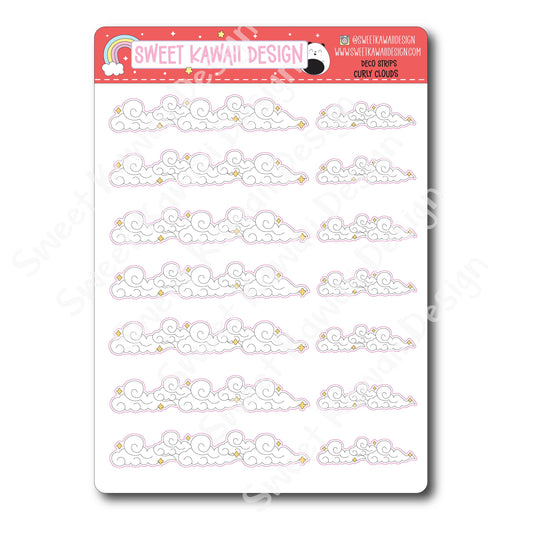 Kawaii Deco Strip Stickers (washi strip/border) - Curly Clouds