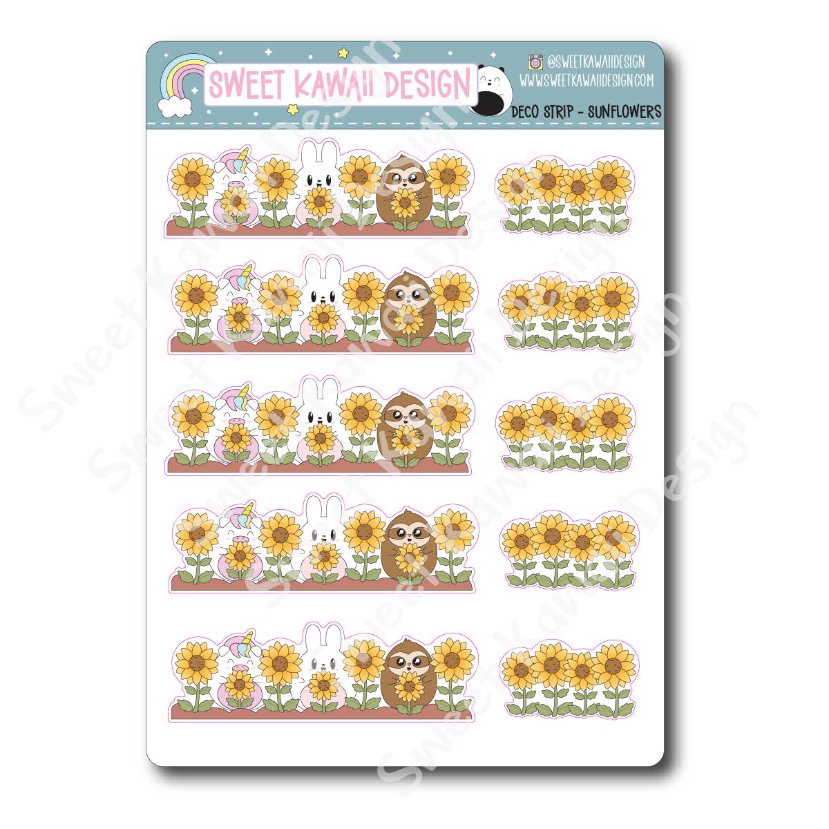 Kawaii Deco Strip Stickers (washi strip/border) - Sunflowers