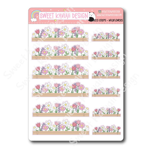 Kawaii Deco Strip Stickers (washi strip/border) - Wildflowers