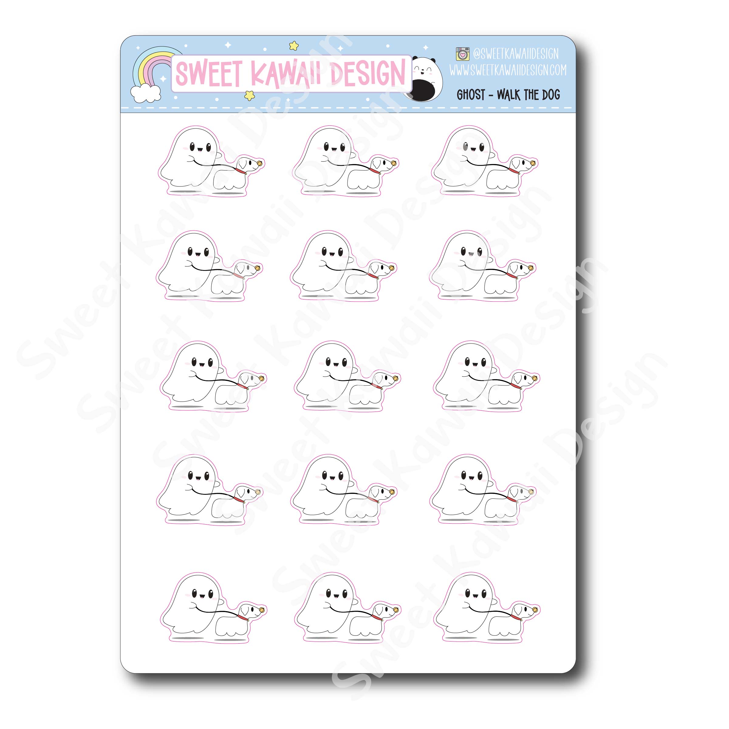 Kawaii Ghost Stickers - Walk the Dog