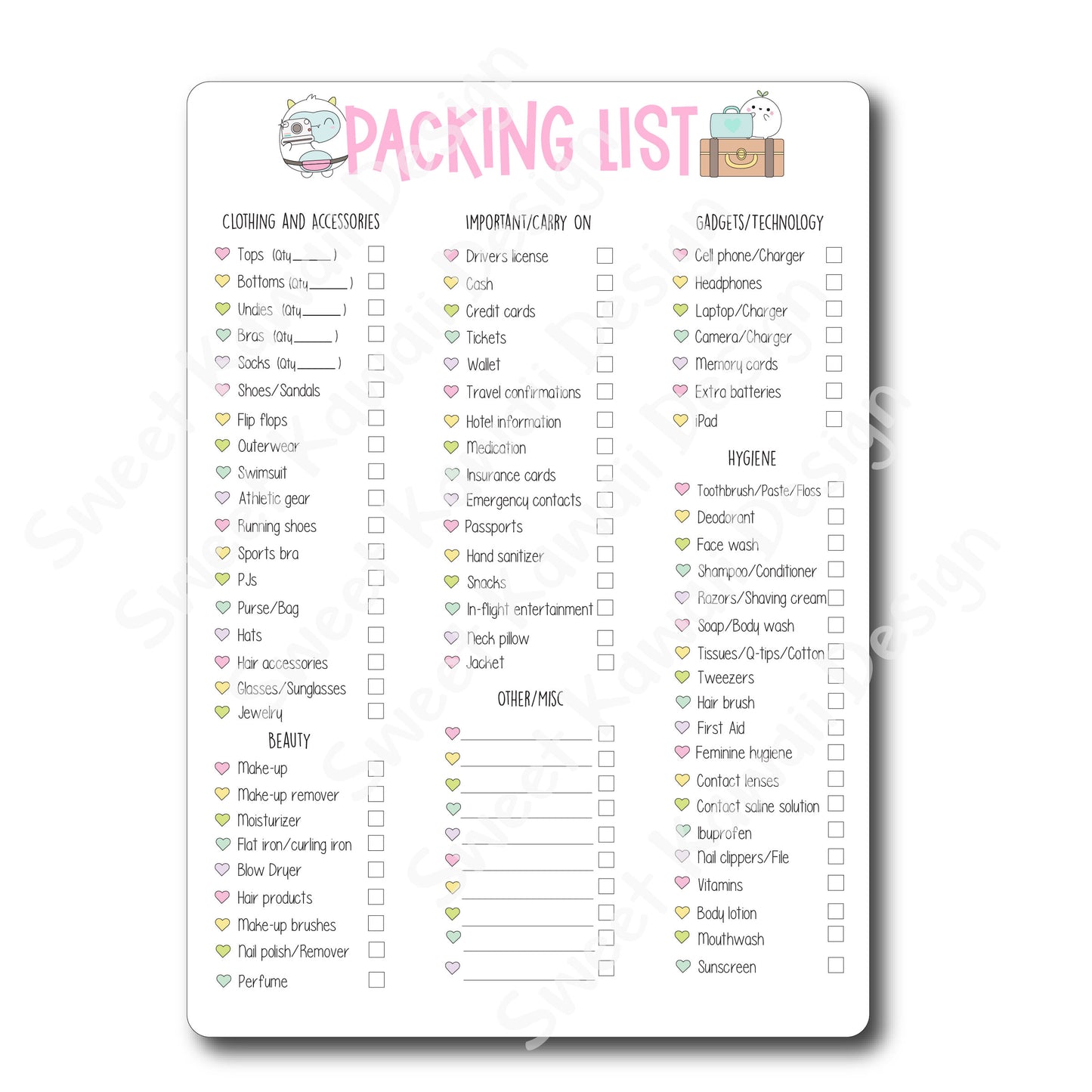 Kawaii Jumbo Sticker - Packing List (Filled) 5x7