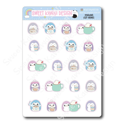 Kawaii Penguin Stickers - Cozy Drinks