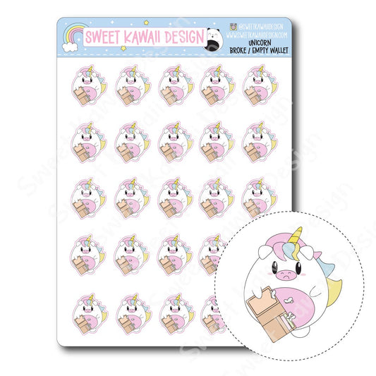 Kawaii Unicorn Stickers - Broke/Empty Wallet