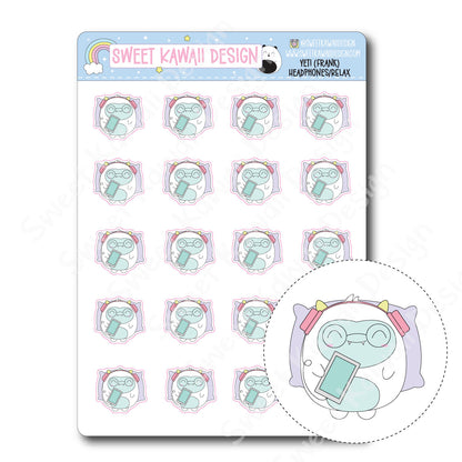 Kawaii Yeti (Frank) Stickers - Headphones/Relax