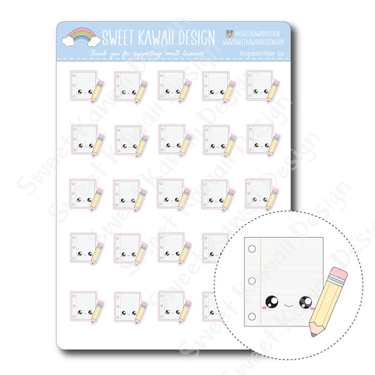 Kawaii Assignment/Paper Due Stickers (paper/pencil)