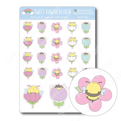 Kawaii Busy Bee Stickers - Flowers