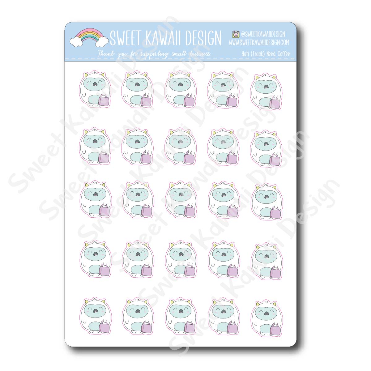 Kawaii Yeti (Frank) Stickers - Need Coffee