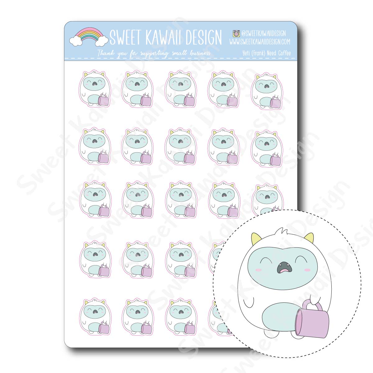 Kawaii Yeti (Frank) Stickers - Need Coffee