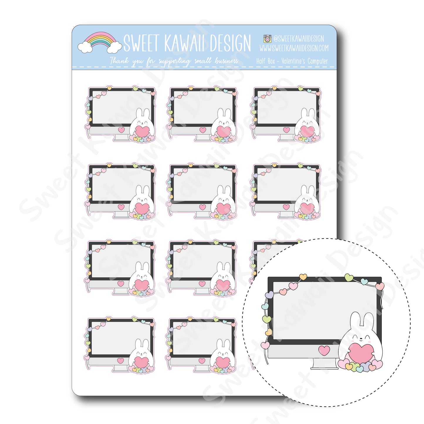 Kawaii Half Box Stickers - Valentine's Computer