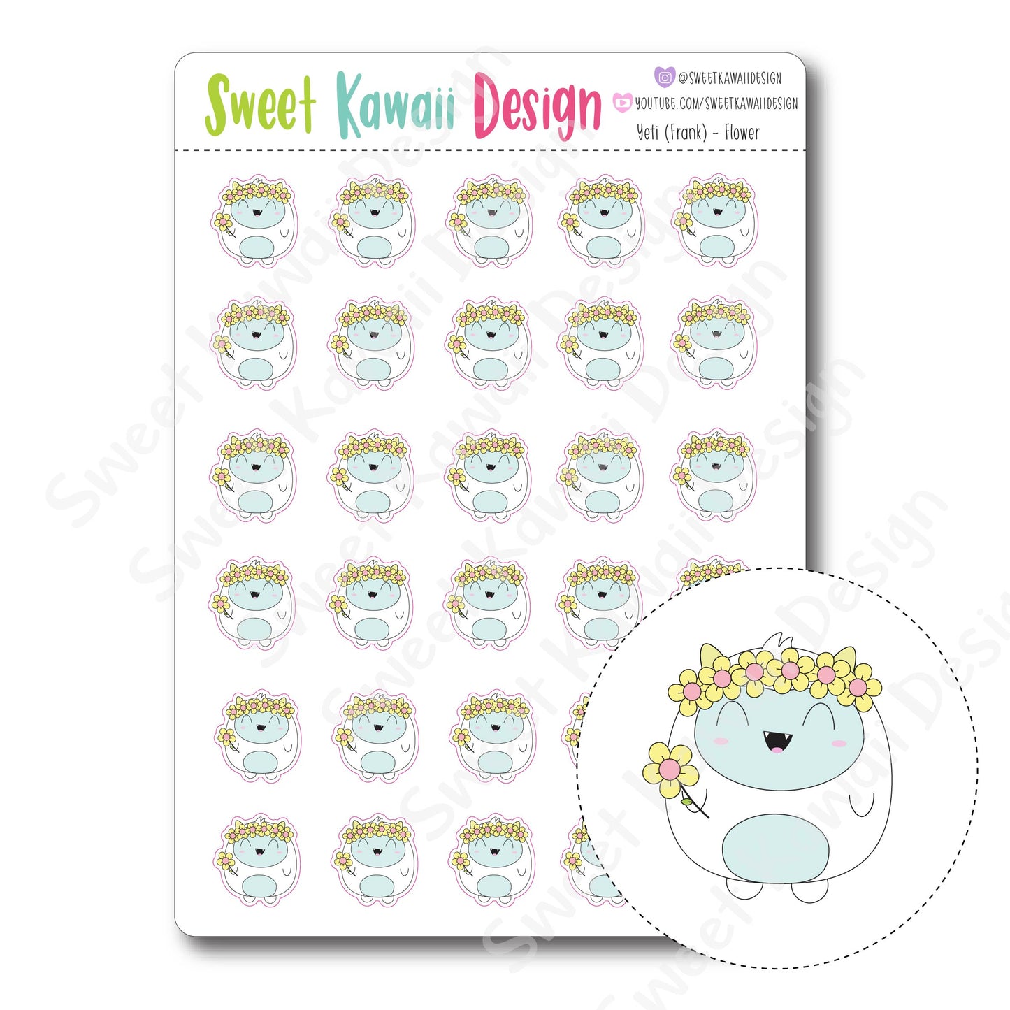 Kawaii Yeti (Frank) Stickers - Flowers