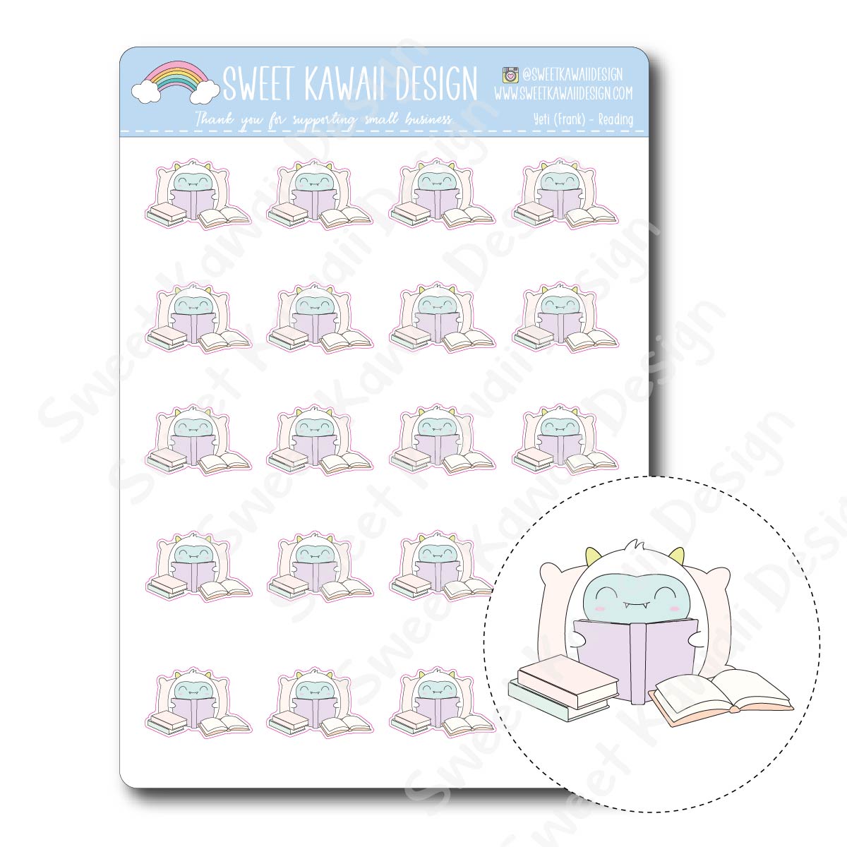 Kawaii Yeti (Frank) Stickers - Reading